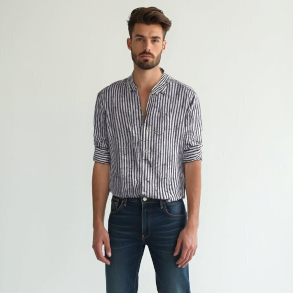 GAP Men’s Blue & White Vertical Striped Coastal Summer Festival Linencraft L